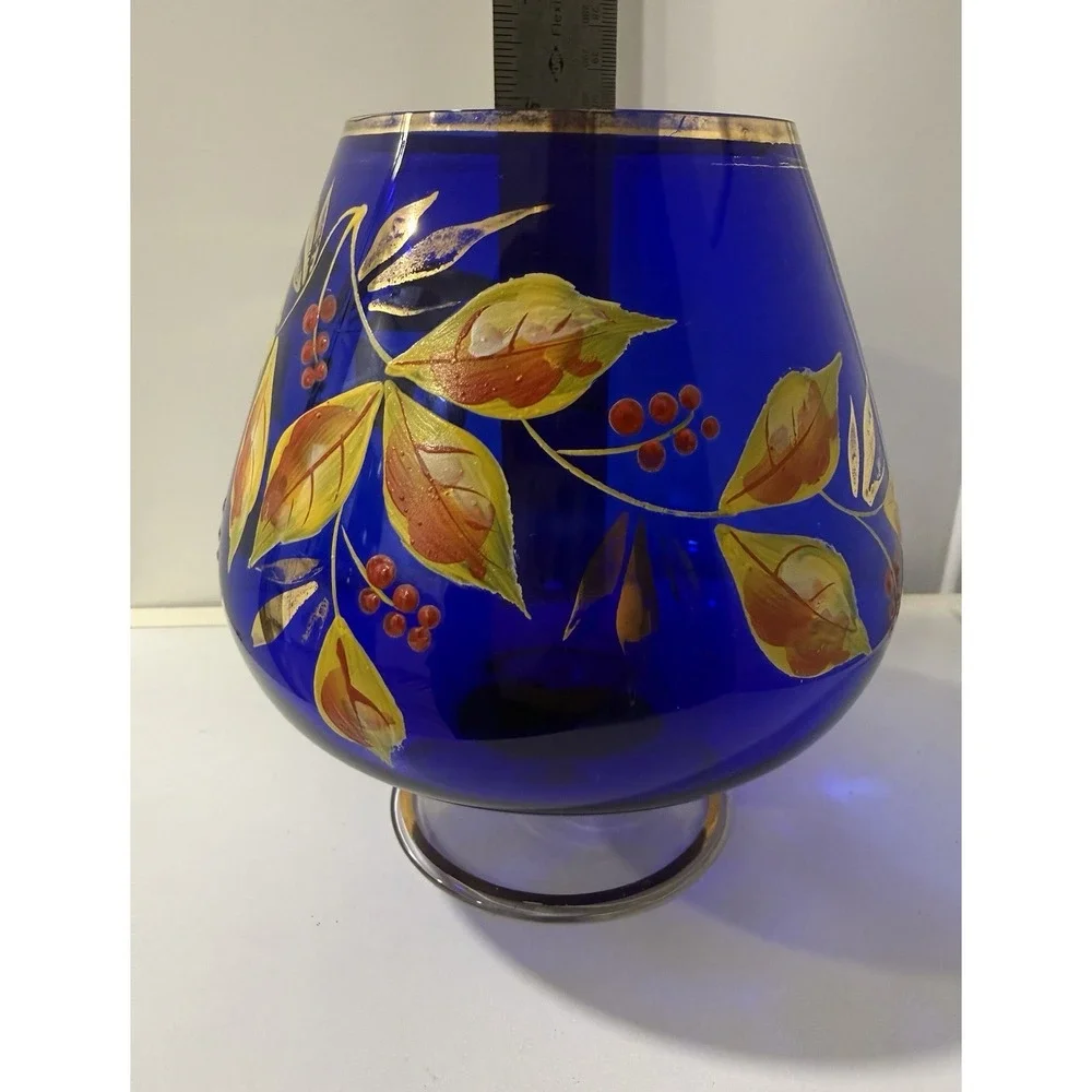 Bohemian Czech Cobalt Blue Cut To Clear Hand Painted Floral Dish Gold Trim
